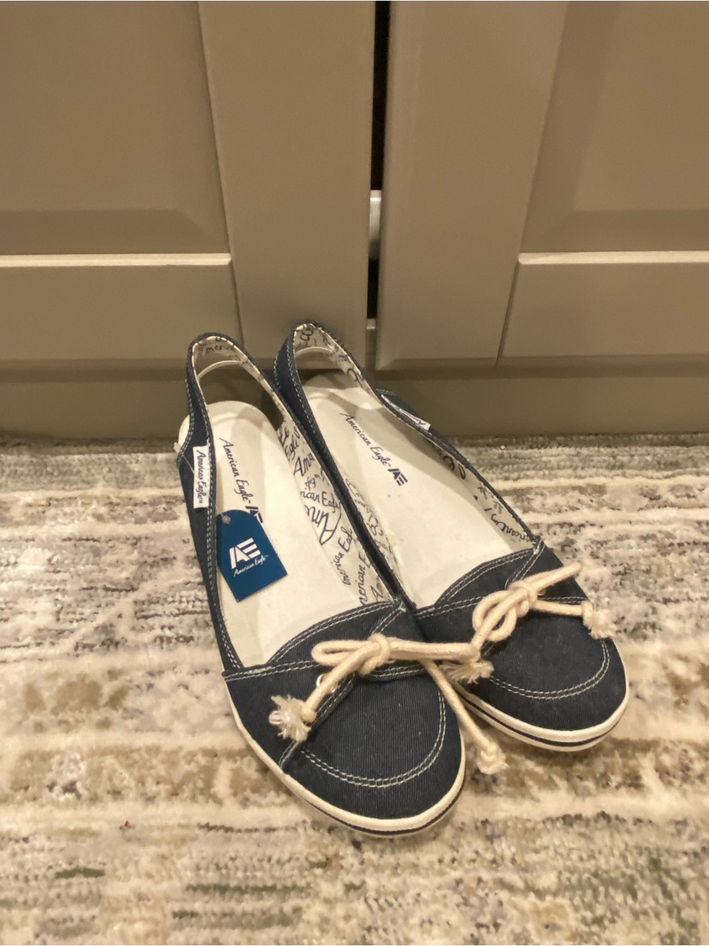 American Eagle Outfitters Navy Denim Slingback Wedge with Rope Bow - Picture 2 of 4